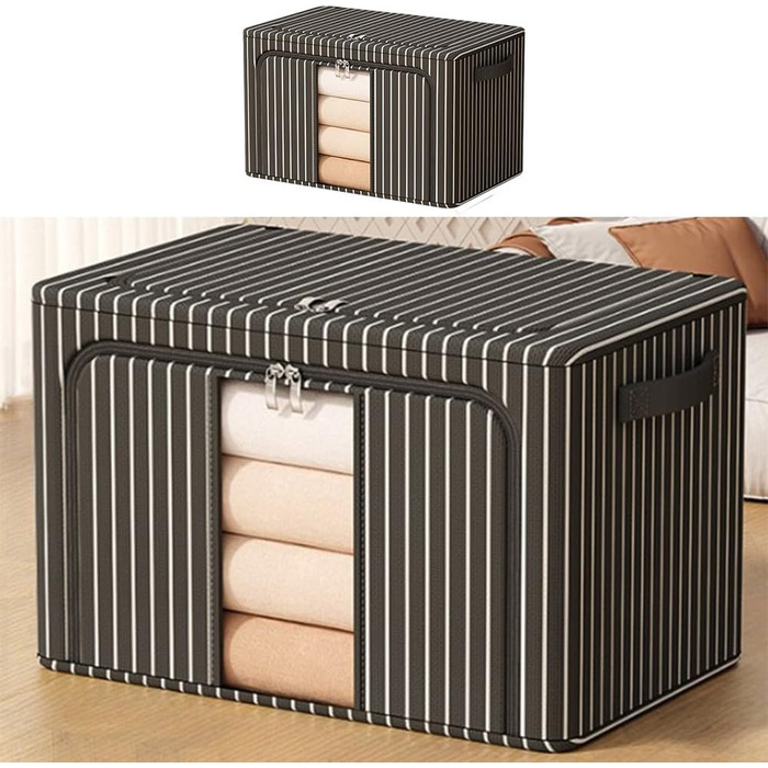 Компактний складний контейнер для зберігання зі сталевою опорною конструкцією та повітропроникною тканиною Оксфорд для економії місця (100 л, чорні смужки)