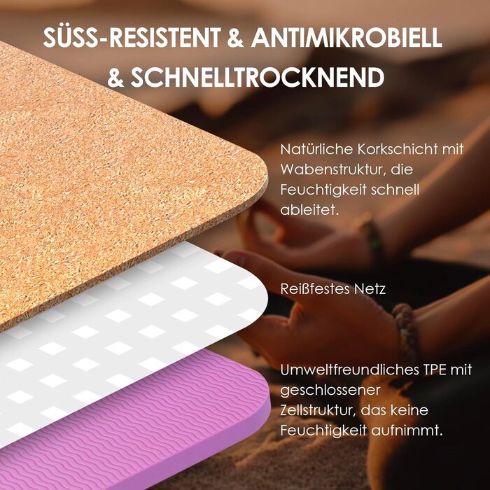 Килимок для йоги з корку, нековзний, унікальний дизайн, надзвичайно товстий натуральний корок, килимок для фітнесу з ТПЕ з сумкою для перенесення та ремінцем, для дому, пілатесу, аеробіки, тренажерного залу та тренувань, фіолетовий лотос