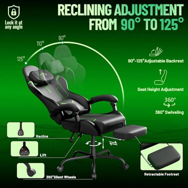 Ігрове крісло, ергономічне ігрове крісло - регульоване та поворотне ігрове крісло, з шарнірними підлокітниками, підставкою для ніг, поперековою опорою, шкіряним покриттям, ігрове крісло для кіберспорту/дому/офісу (чорний зелений) сірий