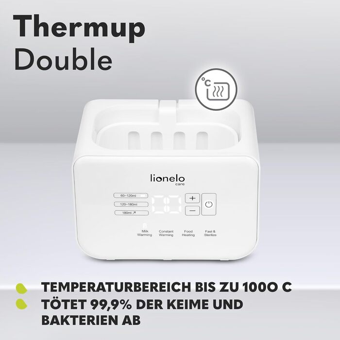 Подвійний підігрівач пляшок LIONELO THERMUP, підігрів 2 пляшок одночасно, підігрів молока за 3-5 хвилин, 6 режимів роботи, функція