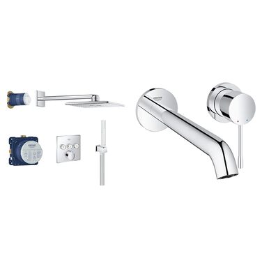 Душова система GROHE SmartControl 310 та змішувач для умивальника Essence New на 2 отвори (аератор 5,7 л/хв, настінний монтаж, металевий важіль керування), розмір L, хром, 19967001