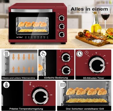 Міні-піч WOLTU 21 л, електрична міні-піч, міні-піч, піч для піци, 1280 Вт, 100-230 C, таймер 60 хв., верхній/нижній нагрів, подвійне скло, червоний, BF15rt