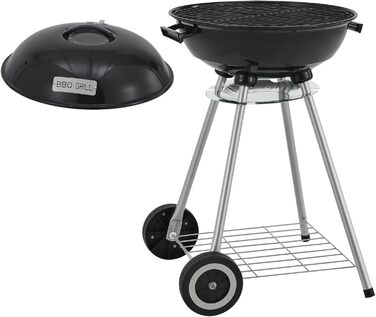 Гриль-барбекю Apricena на вугіллі, круглий, з візком, решітка з емальованої нержавіючої сталі, садовий гриль, 2 колеса, знімний кришка, 80 x 49 x 47 см, чорний