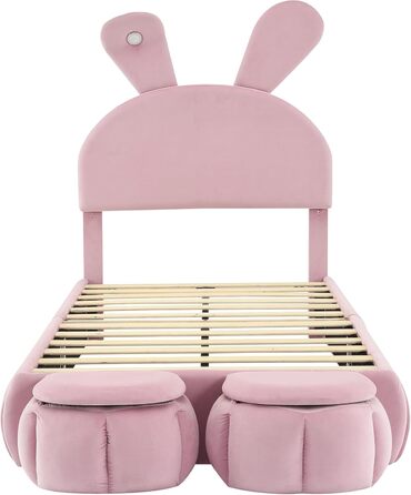 М&39яке ліжко 90x200 см, дитяче ліжко з 2 табуретами для зберігання речей та світлодіодним приліжковим освітленням, розкладні вушка зайчика, каркас ліжка зі світлодіодним освітленням для дівчаток, дитяче ліжко з рейковою основою, оксамит, рожевий, без мат