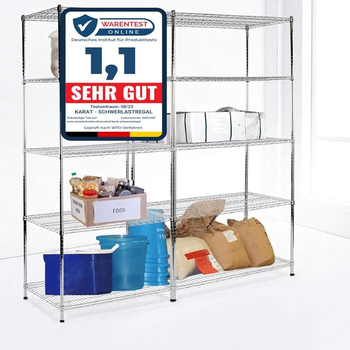 Кухонна полиця Floordirekt, дротяна полиця, металева полиця Вантажопідйомність приблизно 70 кг на полицю Багатофункціональна полиця для зберігання, полиця для ванної кімнати, складська полиця, полиця для підвалу Хромована (90x60x160 см 4 полиці) Everest 9