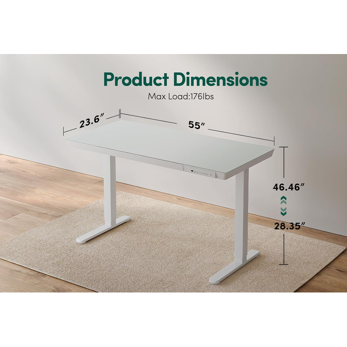 Електричний стіл FEZIBO для роботи стоячи зі скляною стільницею, регульована висота, 140 x 60 см, стіл для домашнього офісу, з портами зарядки USB-A-C, біла рама/біла стільниця