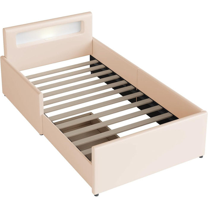 Сучасне дитяче ліжко 90x200 см з м&39якою оббивкою, ліжко з рейковою основою та місцем для зберігання речей, м&39яке узголів&39я зі світлодіодним нічником та USB-портом для зарядки, штучна шкіра, дитяче ліжко для хлопчиків та дівчаток (бежевий)