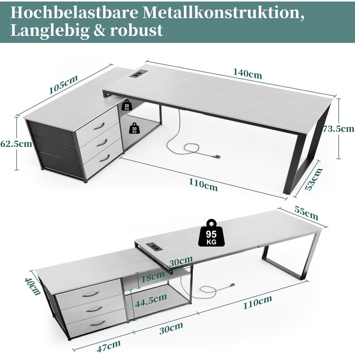Стіл Devoko L-подібної форми з розетками та USB-портами, ігровий стіл 140 см з полицями, кутовий комп'ютерний стіл, домашній офіс,