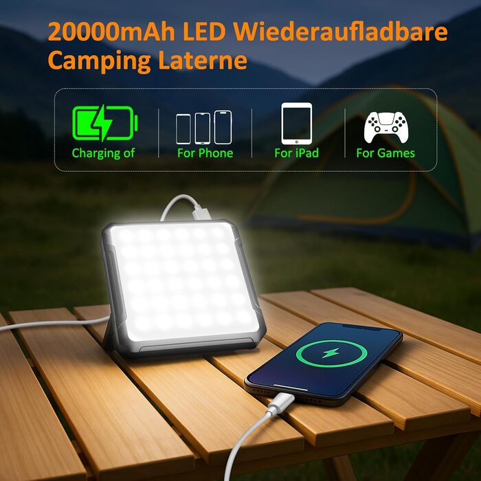 Акумуляторний світлодіодний ліхтар для кемпінгу з акумулятором 20000 мАг, ліхтар для намету, ліхтар для кемпінгу на відкритому повітрі, 2000 лм, водонепроникний IPX4, 4 режими світла, ліхтар для читання, наметування, риболовлі, затемнення