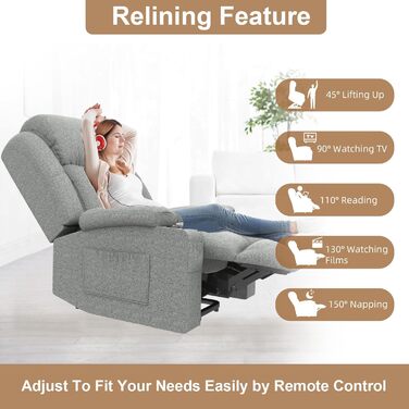 Електричне крісло-реклайнер/масажне крісло для телевізора з функцією відкидання спинки, підйомником, функцією масажу, підігрівом, підставкою для ніг, підстаканником, 4 бічними кишенями, портами типу C та USB, шкіряне крісло, сірий колір