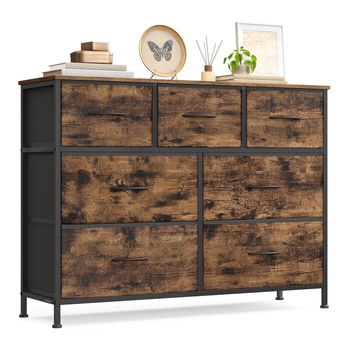 Комод SONGMICS, шафа, 7 тканинних шухляд, шафа для зберігання, сталь, МДФ, неткане полотно, для спальні, коридору, вітальні, вінтажний коричневий-чорний LGS323BH04 Вінтажний коричневий чорнильний 7 шухляд