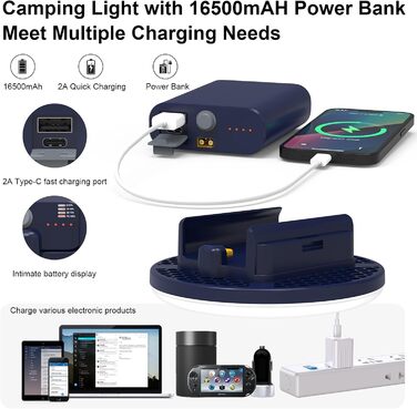 Ліхтар для кемпінгу ємністю 16500 мАг, акумуляторний та портативний, 2-в-1, світлодіодний кемпінговий ліхтар, що перезаряджається, з теплим та білим світлом, плавно регульованою яскравістю, кемпінговий ліхтар із гачком та карабіном для скелелазіння (синій