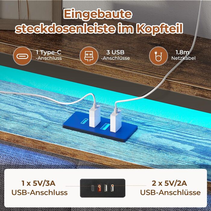 М&39яке ліжко AOGLLATI 140x200 з металевою рейковою основою, каркас ліжка зі світлодіодним освітленням та розетками, ліжко з місцем для зберігання, металеве ліжко з узголів&39ям, двоспальне ліжко, каркас ліжка з USB-портами, 140x200 см