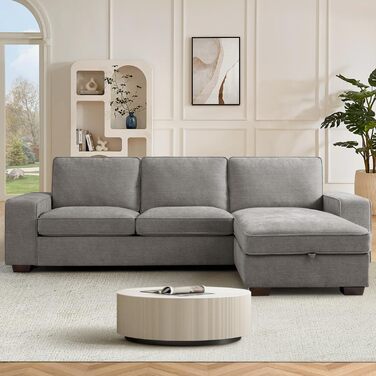 Розкладний секційний диван 250 см з шезлонгом, сучасний L-подібний двосторонній дизайн, зручна тканина шеніл, знімні чохли для подушок, порти USB Type-C, вітальня (світло-сірий), світло-сірий 3-місний L-подібний диван