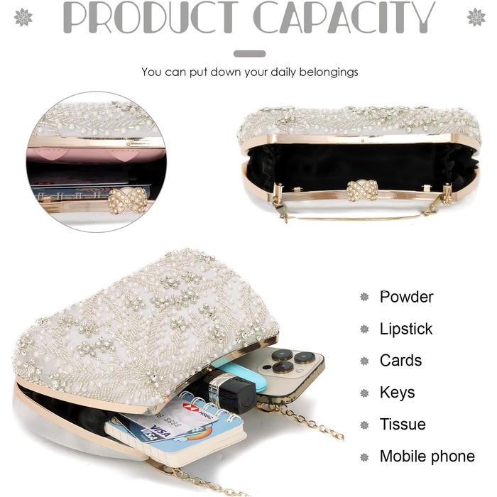 Жіноче клатч з перлинною вишивкою. Елегантна кришталева сумочка для весілля, вишукана вечірня сумочка, сумка для нареченої на ланцюжку для вечірок та випускних, срібляста.