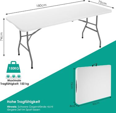 Складаний фуршетний стіл LIFERUN, водонепроникний, 180x75 см, садовий стіл зі стільницею з HDPE, складний пластиковий стіл з ручкою для перенесення, кемпінговий стіл для 10 осіб, вага до 150 кг, святковий стіл для саду, тераси, балкону, білий