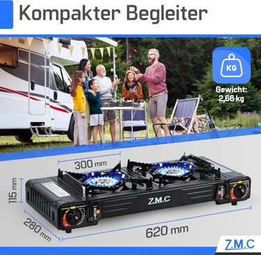 Туристична плита ZMC Premium з 2 конфорками, 2,5 кВт, п&39єзоелектричним запалюванням та футляром для перенесення Подвійна газова плита для використання на вулиці, балконі та в приміщенні Комплект газової плити (додатково) включає пластину для гриля 45x24