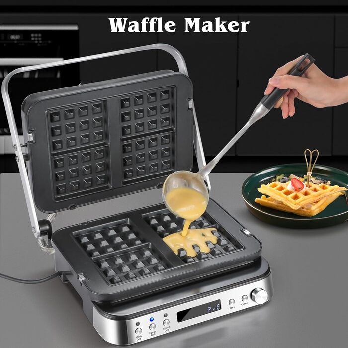 Багатофункціональний контактний гриль 4 в 1, сковорода, вафельниця та бутербродниця з 4 знімними пластинами з антипригарним покриттям, індивідуальним часом і температурою, LED-дисплеєм, грилем здоров'я 2000 Вт великий