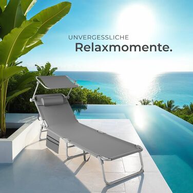 Складаний портативний шезлонг з бічною кишенею, пляжний шезлонг, садовий шезлонг з навісом, крісло-відкидний крісло з регульованою спинкою, включаючи підголівник - для балкону, тераси, кемпінгу - сірий