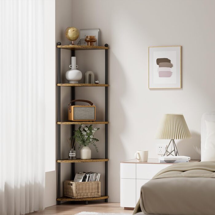 Кутова полиця Ruichang, стояча, 5 ярусів, книжкова полиця, окремостояча полиця, полиця для зберігання, стелаж для кухні, ванної кімнати, вітальні, офісу, 143,5 x 29 x 29 см, чорний