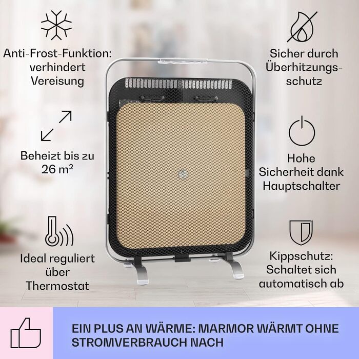 Інфрачервоний обігрівач Klarstein, портативний електричний обігрівач, радіаційний обігрівач для приміщень, енергозберігаючий електричний обігрівач, окремостоячий інфрачервоний обігрівач з мармуровим покриттям, термостат, захист від замерзання, 1300 Вт, ср