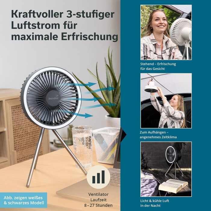 Ліхтар для кемпінгу Skandika Solvind з вентилятором Ліхтар для кемпінгу 3-в-1 з настільним вентилятором та портативним зарядним пристроєм, біле кільце, із зарядним кабелем USB Type-C, регульованою яскравістю, таймером Ліхтар для кемпінгу, для використання