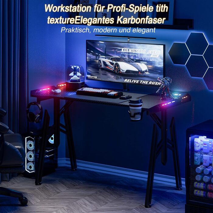 Письмовий стіл 120x60x73 см, комп&39ютерний стіл з ніжками, великий ігровий стіл, кутовий стіл для ПК, для дому, ігровий, чорний, без підставки для монітора, зі світлодіодним підсвічуванням 120 см