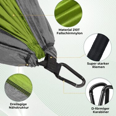 Ультралегкий гамак для подорожей Glymnis з підвісними тросами та сталевими карабінами, вантажопідйомність до 300 кг, зелено-сірий, 300x200 см