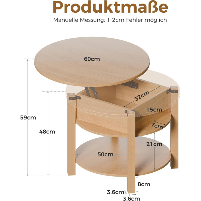 Круглий журнальний столик ELUCHANG з підйомною стільницею, журнальний столик 2-в-1 з регульованою висотою, бічний столик/стіл для вітальні з прихованим відділенням для зберігання, відкритий відсік, для вітальні/офісу, 60x60 см, дуб 60*60*48 см дуб