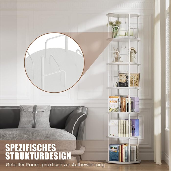 Звичайна книжкова полиця, що обертається на 360, підлогова дерев&39яна книжкова шафа, книжкова полиця з 6 полицями, регульовані полиці, стояча полиця, 4545193 см, білий колір, 6 полиць