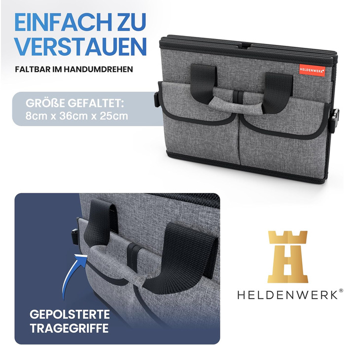 Органайзер для багажника преміум-класу HELDENWERK з кришкою міцний та нековзкий. Складаний органайзер для автомобіля великого розміру з подвійним дном. Чорно-сіра коробка для багажника з чорною облямівкою.
