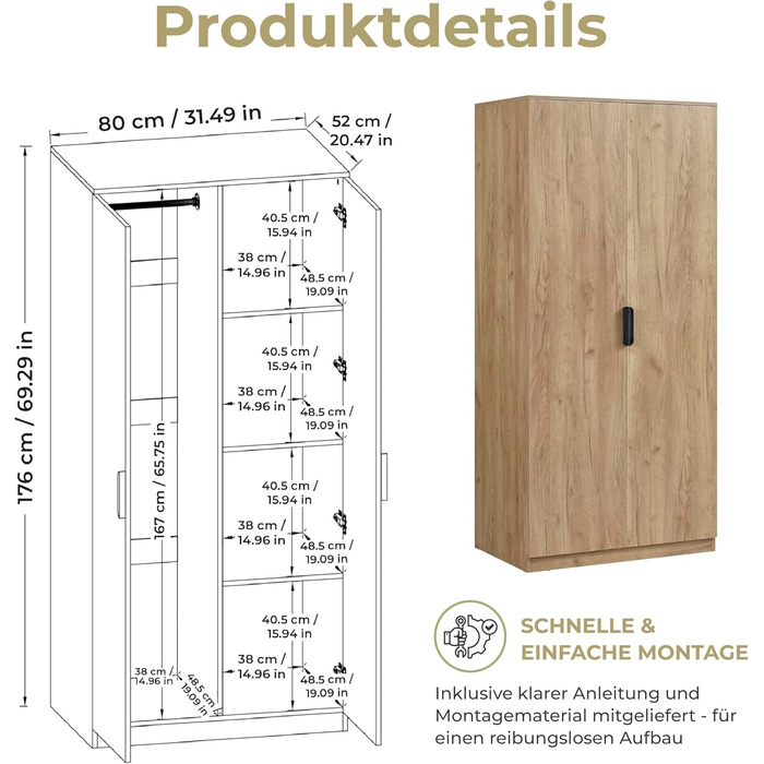 Шафа Eiselfing, 2-дверна шафа, 176 x 80 x 52 см, Шафа для спальні, 1 вішалка для одягу, 4 полиці, під дуб, дуб, 176 x 80 x 52 см - 4 полиці