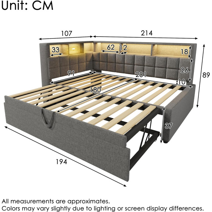 Кушетка 90x200 з висувним ліжком 90x190, диван-ліжко зі світлодіодним підсвічуванням, USB та Bluetooth, висувне ліжко-кушетка з рейковою основою, гостьове ліжко, без матраца, сірий, сірий F 90x200