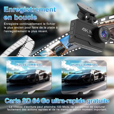 Відеореєстратор автомобільний передній задній, WiFi відеореєстратор безкоштовна карта 64GB, 170 широкий кут, G-сенсор відеореєстра