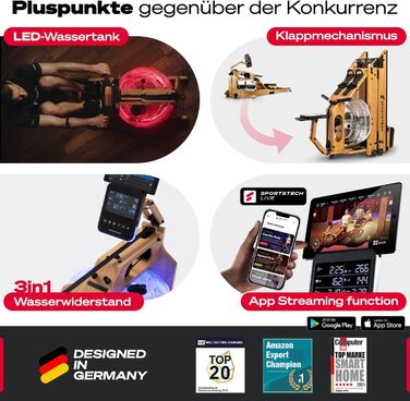 Водний гребний тренажер преміум-класу Sportstech зі світлодіодним резервуаром для води, складний Німецька компанія якості Додаток із програмами тренувань тримач для планшета Гребний тренажер з натурального масиву дерева для домашнього використання WRX1000