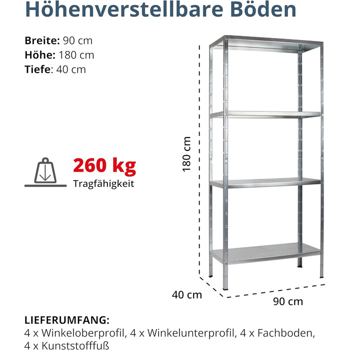 Система стелажів SCHULTE з 4 полицями PowerMAX, вантажопідйомність 65 кг, 180x90x40 см (ВxШxГ), оцинкована (полиця для зберігання, полиця для майстерні, полиця для підвалу, полиця для гаража, металева полиця)