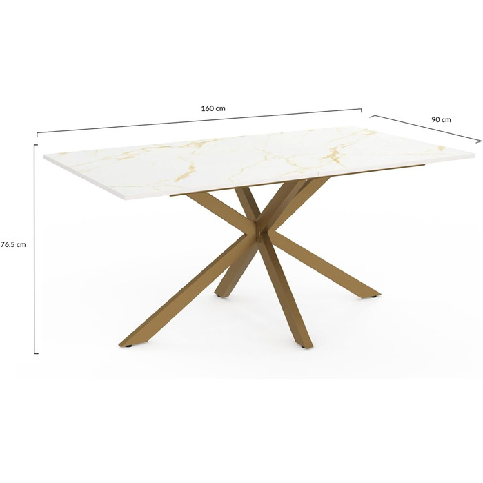 Прямокутний обідній стіл ALIX на 8 осіб з латунними ніжками-павуками та стільницею під білий мармур, Аляска 160 см