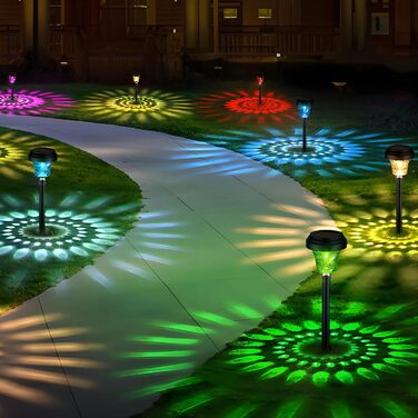 Сонячні садові ліхтарі, 8 шт. , з теплим світлом та 7 змінами кольорів RGB, водонепроникні IP65, автоматичне ввімкнення/вимкнення, світлодіодні садові доріжки для декорування саду на відкритому повітрі