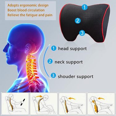 Автомобільна подушка для шиї ZATOOTO, подушка для шиї з піни з ефектом пам&39яті, подушка для голови, має регульований плечовий ремінь та чохол, який можна прати, для водія або пасажира, зручна, м&39яка та дихаюча (чорна) з червоною обробкою