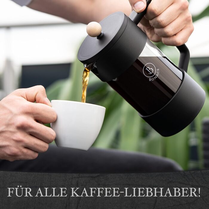 Френч-прес BONACE Glass Кавоварка на 5 чашок Прес для кави 1 л Колір чорний 2 змінні фільтри з нержавіючої сталі з бамбуковою підставкою НЕ МІСТИТЬ БІСФЕНОЛУ А Подарункова коробка 1 літр