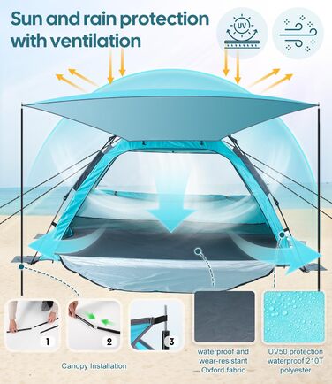 Пляжний намет для 2-4 осіб, розкладний пляжний намет із сонцезахисним тентом, захист від ультрафіолету UPF 50, водонепроникний для сімей, пляжу, кемпінгу, саду, синій