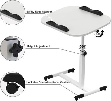 Невеликий розкладний стіл, бічний столик на колесах, регульований по висоті, комп&39ютерний стіл, мобільний стіл для роботи стоячи, ергономічний, поворотний на 360 (білий, 60 x 40 x 61 95 см) 60x40x61-95 см Білий