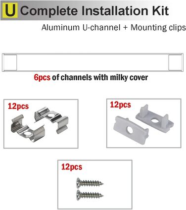 Світлодіодний профіль 6 1 м, StarlandLed 6 упаковок світлодіодний алюмінієвий профіль U-подібної форми з кришкою, торцевими заглушками та кріпильними затискачами для світлодіодних стрічок 6*1м