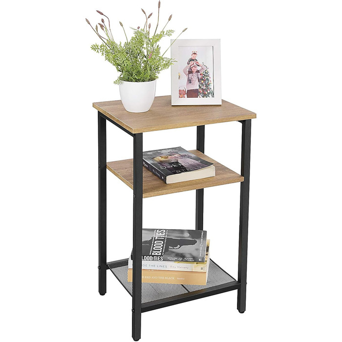 Журнальний столик VASAGLE, тумбочка, невеликий диванний столик, спальня, вітальня, легке складання, стабільний, сталевий каркас, індустріальний стиль, медово-коричневий-чорний LET201B05, 34 x 29 x 58 см, одинарний з полицею