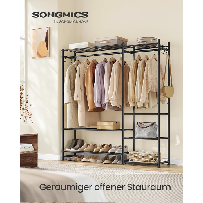 Вішалка для одягу SONGMICS, Відкрита шафа, Вішалка для пальто з 7 полицями, 2 вішалки для одягу, 4 S-подібних гачки, Металевий каркас, для спальні, вітальні, вхідної зони, Чорний LGR010BZ01 124.8W см