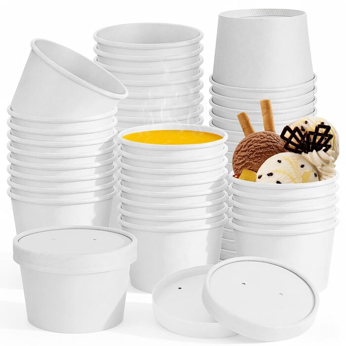 Паперових контейнерів для супу з кришками, набір картонних мисок для супу об&39ємом 240 мл, багаторазові стаканчики для салату, морозива, супу, кави (білі), 100