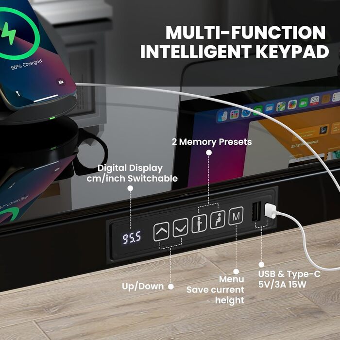 Електричний стіл Giantex для роботи сидячи та стоячи, 120 x 60 см, регульована висота, з шухлядою, скляною стільницею з можливістю запису, портами USB та Type-C, пам&39яттю пресетів (чорний)