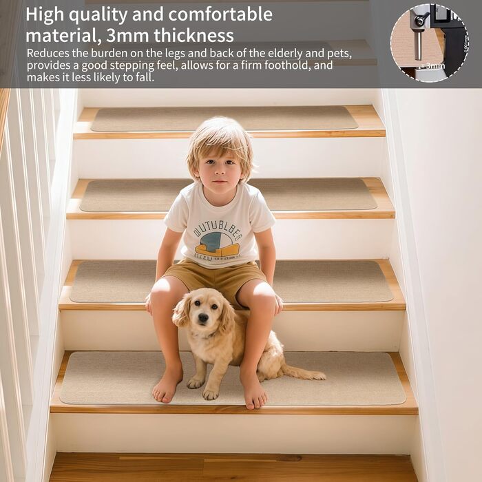 Килимки для сходів, 15 шт. , самоклеючі килимки для сходів з масиву дерева, плитки, мармуру, протиковзкий килимок для сходів, звукопоглинальний, прямокутний килимок для сходів 70x22 см (бежевий)