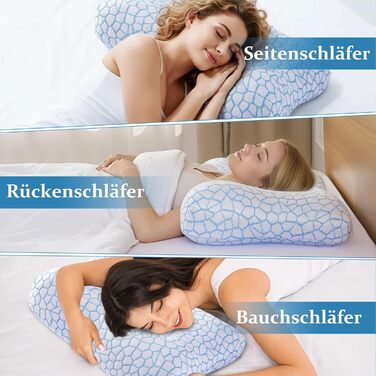 Ергономічна подушка Caviar Blue з піни з ефектом пам&39яті, 60x40 см, холодна на дотик, з різницею висоти 12/8 см, підтримка шиї для сну на спині та на боці, не волога, гарне відновлення, чохол, який можна прати, синій, 40 x 60 см