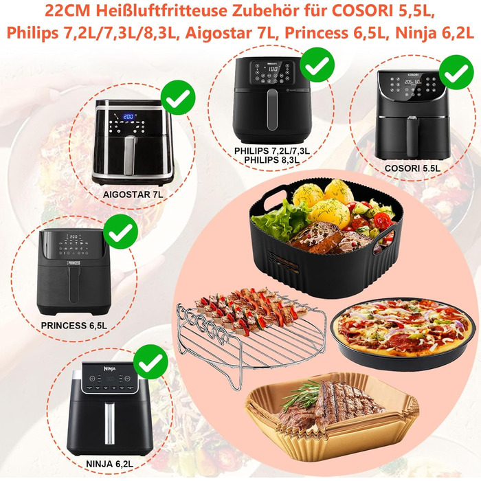 Аксесуари для фритюрниці 4PCS 22CM - Аксесуари для фритюрниці Philips Airfryer XXL 7.2 л, 8.3 л, COSORI 5.5 л, Princess 6.5 л, Ninja 6.2 л, решітка для гриля Форма для піци Папір для випічки Силіконова форма для фритюрниці